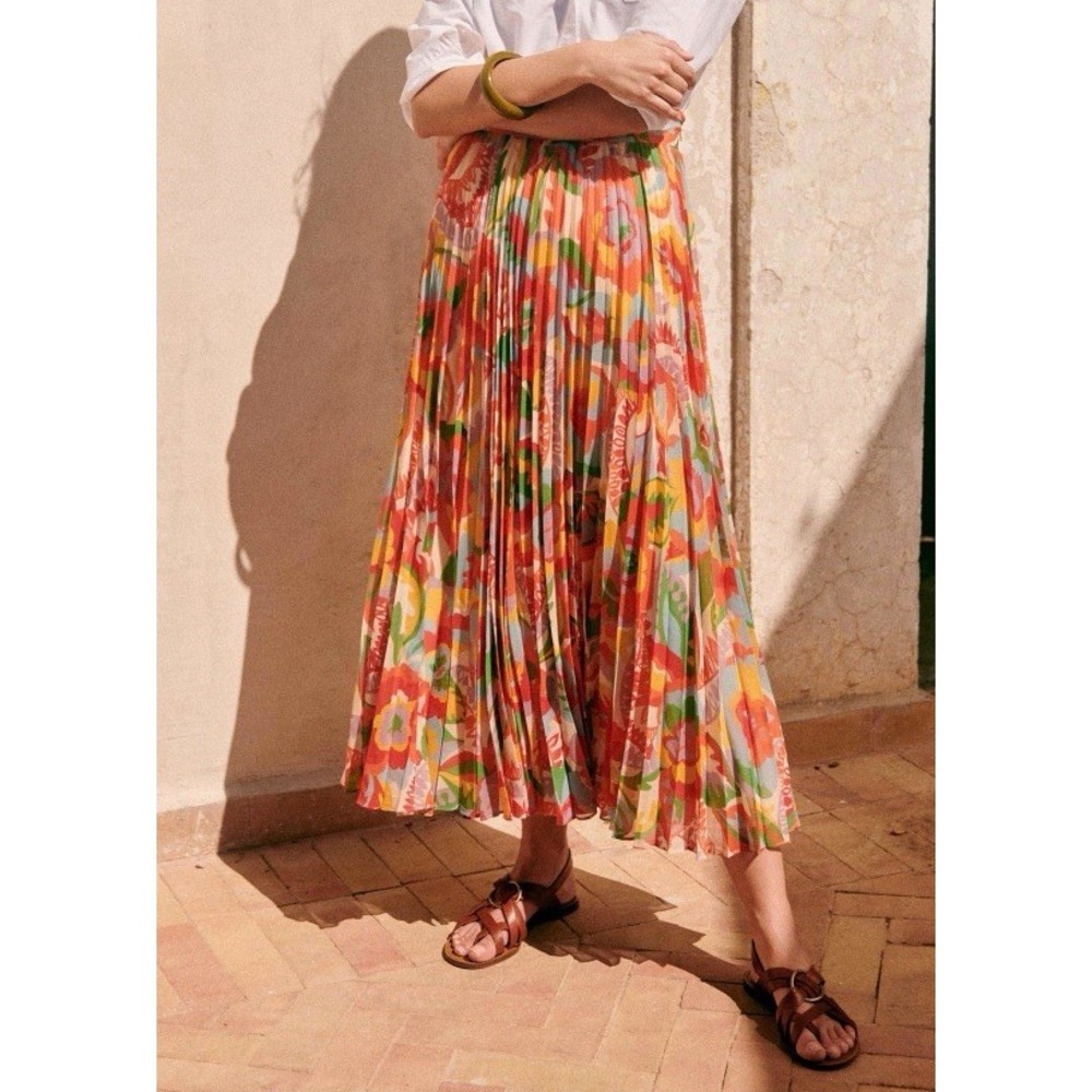 Sezane Dilo Skirt Seventies Abstract Floral Pleated Midi Jupe FR 34 US 2 Boho